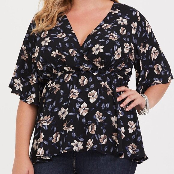 Torrid Blue Floral Lily Babydoll Georgette Surplice Blouse 3x - Picture 3 of 5